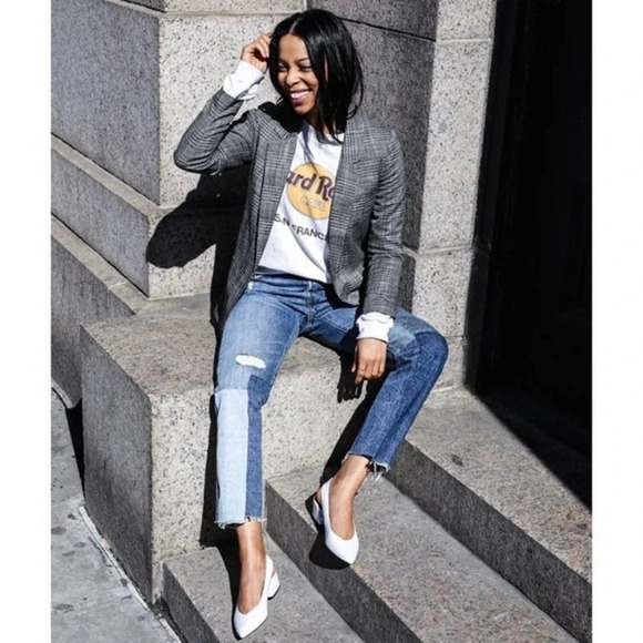 Levi's 501 Color-block Patchwork Ragged Lands Raw Hem Slim Straight Jeans - Picture 2 of 9